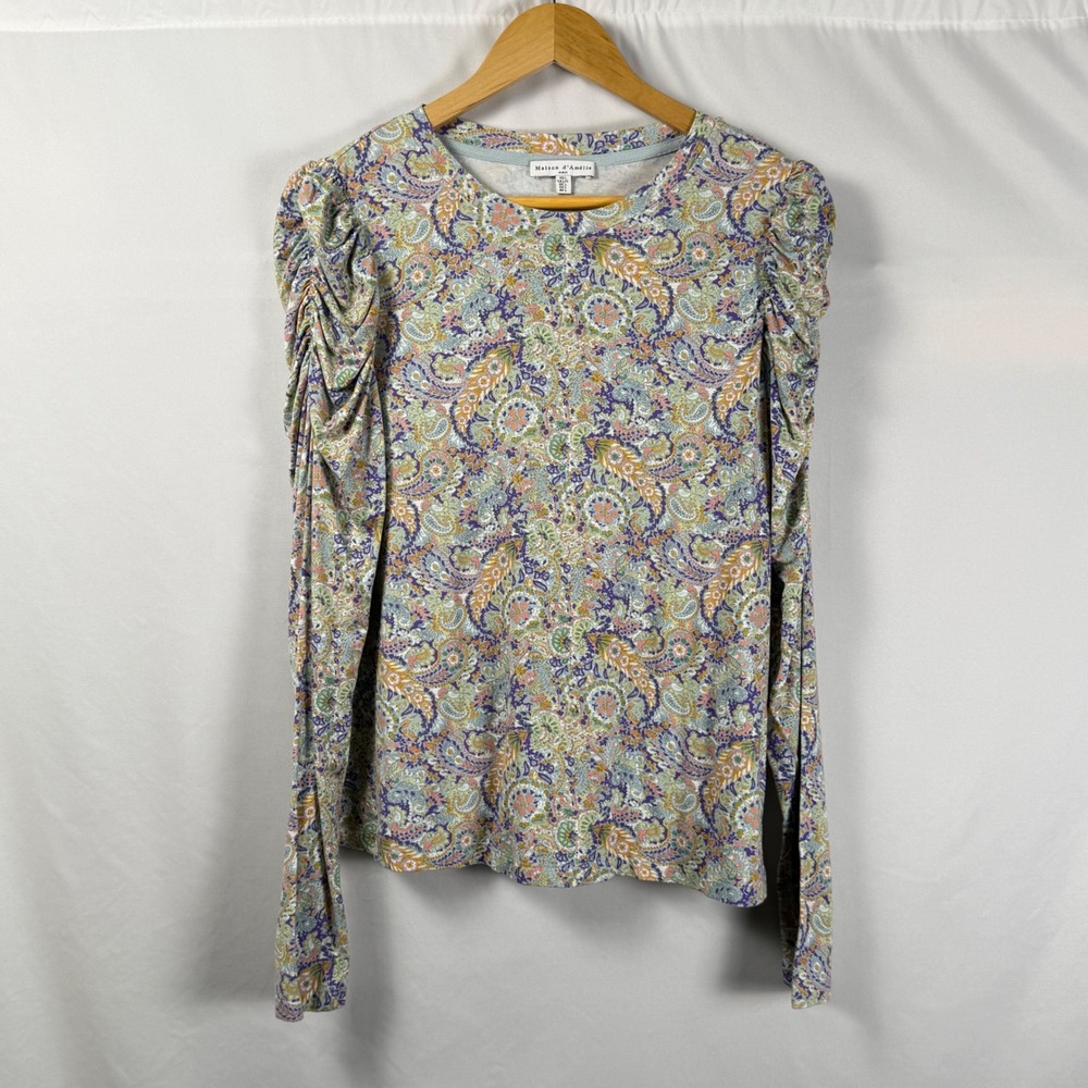 Maison d'Amelie Paris Womens L Paisley Ruched Puff Shoulder Long Sleeve Top - Picture 2 of 8